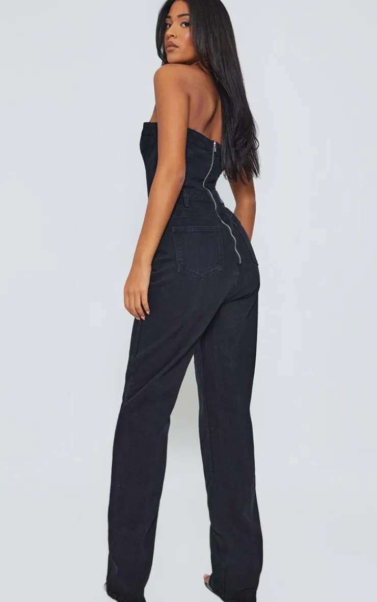 PrettyLittleThing Christmas Party Outfits*Tall Bandeau Denim Straight Leg Jumpsuit