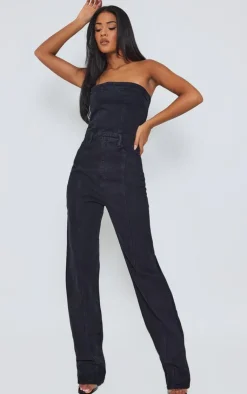 PrettyLittleThing Christmas Party Outfits*Tall Bandeau Denim Straight Leg Jumpsuit