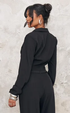 Online PrettyLittleThing Tall Buckle Detail Cropped Blazer Black
