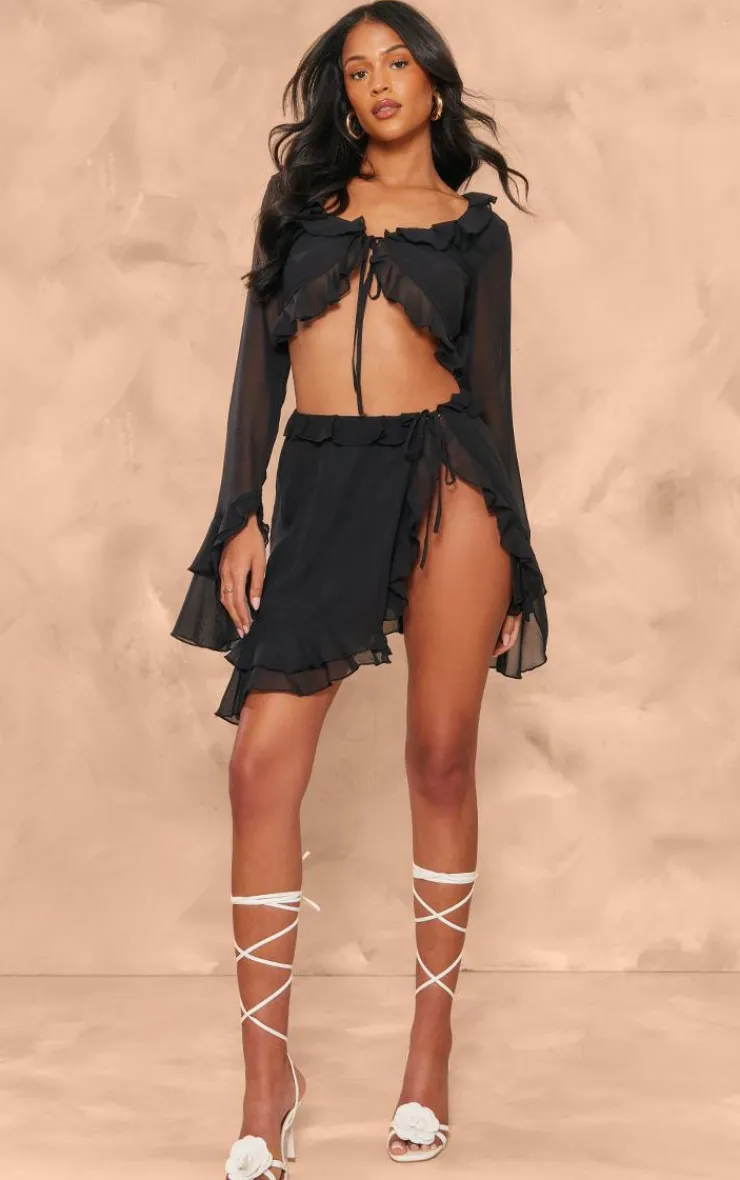 Sale PrettyLittleThing Tall Chiffon Frill Detail Split Mini Skirt Black