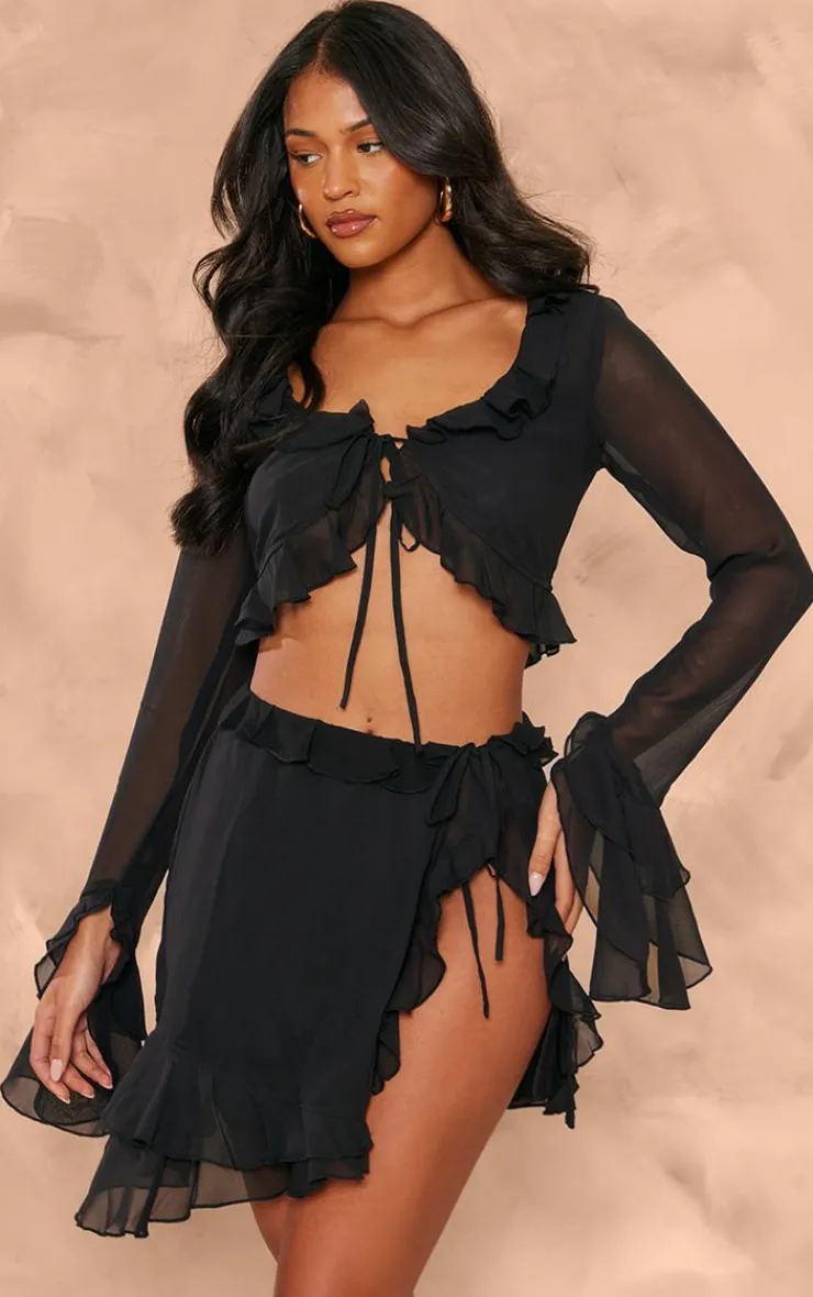 Sale PrettyLittleThing Tall Chiffon Frill Detail Split Mini Skirt Black