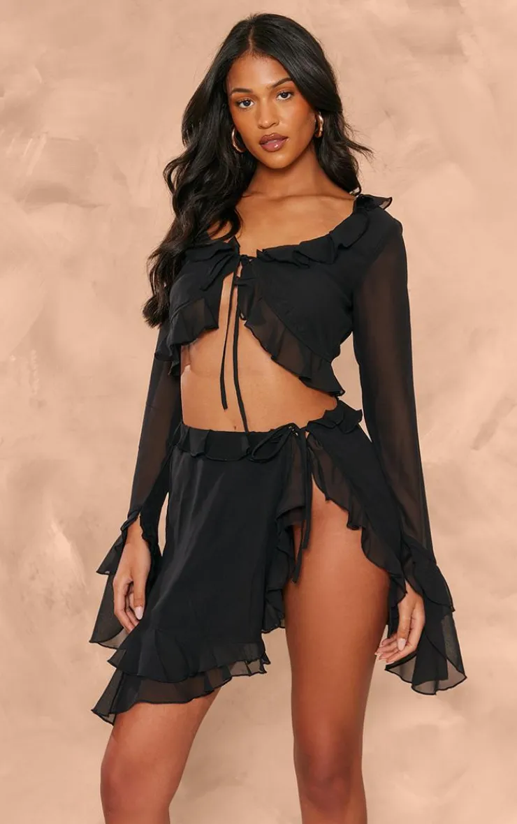 Sale PrettyLittleThing Tall Chiffon Frill Detail Split Mini Skirt Black
