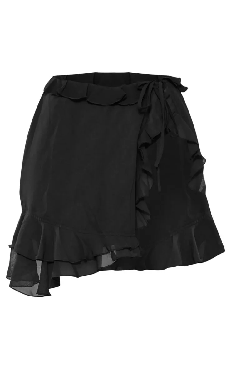 Sale PrettyLittleThing Tall Chiffon Frill Detail Split Mini Skirt Black