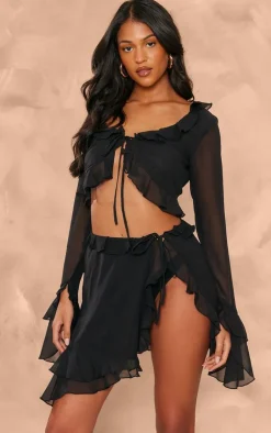 Sale PrettyLittleThing Tall Chiffon Frill Detail Tie Crop Top Black