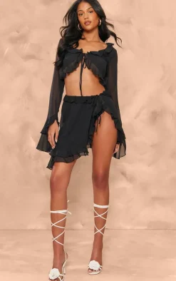 Sale PrettyLittleThing Tall Chiffon Frill Detail Tie Crop Top Black