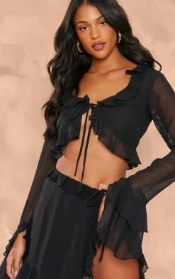 Sale PrettyLittleThing Tall Chiffon Frill Detail Tie Crop Top Black
