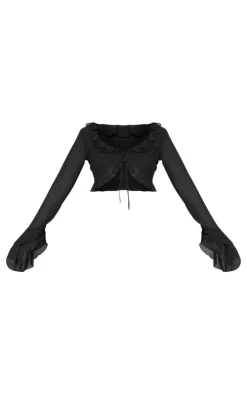 Sale PrettyLittleThing Tall Chiffon Frill Detail Tie Crop Top Black