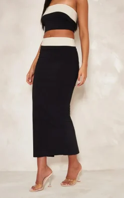 Outlet PrettyLittleThing Tall Contrast Fold Over Midaxi Skirt Black