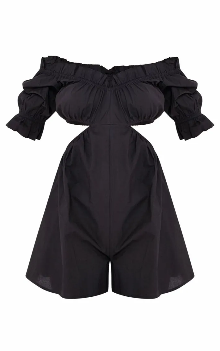 Tall Black Cotton Bardot Cut Out Romper