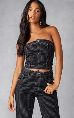 Sale PrettyLittleThing Tall Denim Pinstripe Corset Top Black