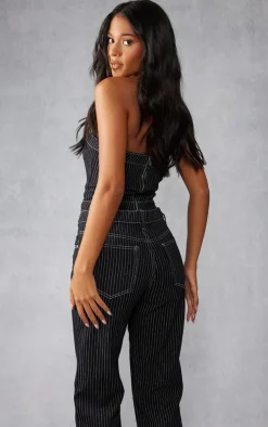 Sale PrettyLittleThing Tall Denim Pinstripe Corset Top Black