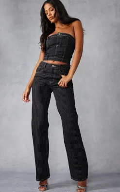 Sale PrettyLittleThing Tall Denim Pinstripe Corset Top Black