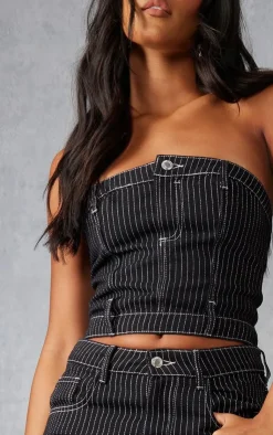Sale PrettyLittleThing Tall Denim Pinstripe Corset Top Black