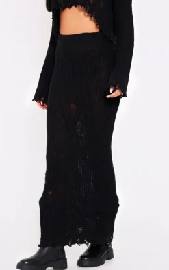 PrettyLittleThing Tall Distressed Knitted Midaxi Skirt Black