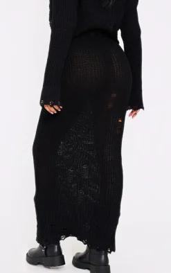 PrettyLittleThing Tall Distressed Knitted Midaxi Skirt Black