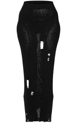 PrettyLittleThing Tall Distressed Knitted Midaxi Skirt Black