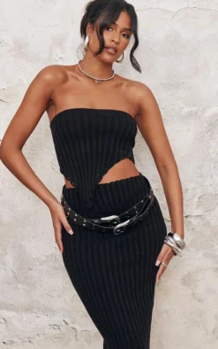 Best PrettyLittleThing Tall Distressed Knit Bandeau Top Black