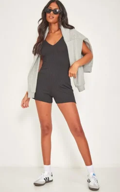 PrettyLittleThing Unitards*Tall Double Strap Rib Plunge Romper