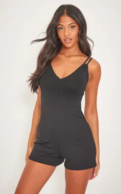 PrettyLittleThing Unitards*Tall Double Strap Rib Plunge Romper