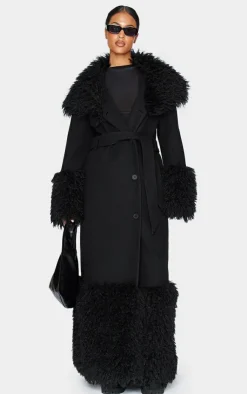 PrettyLittleThing Faux Fur Coats*Tall Faux Fur Trim Contrast Wool Look Coat
