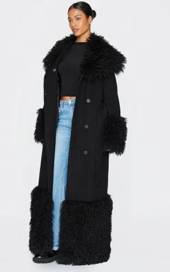 PrettyLittleThing Faux Fur Coats*Tall Faux Fur Trim Contrast Wool Look Coat