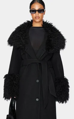 PrettyLittleThing Faux Fur Coats*Tall Faux Fur Trim Contrast Wool Look Coat