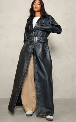 PrettyLittleThing Faux Leather Jackets*Tall Faux Leather Contrast Stitch Split Hem Trench Coat