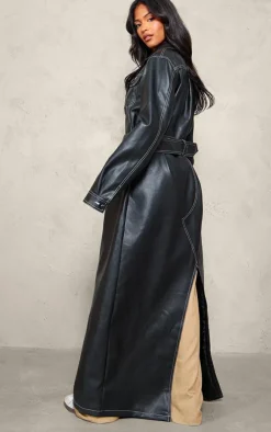 PrettyLittleThing Faux Leather Jackets*Tall Faux Leather Contrast Stitch Split Hem Trench Coat