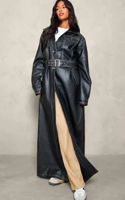 PrettyLittleThing Faux Leather Jackets*Tall Faux Leather Contrast Stitch Split Hem Trench Coat