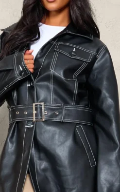 PrettyLittleThing Faux Leather Jackets*Tall Faux Leather Contrast Stitch Split Hem Trench Coat