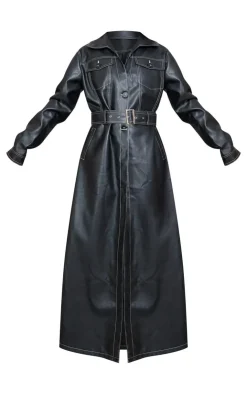 PrettyLittleThing Faux Leather Jackets*Tall Faux Leather Contrast Stitch Split Hem Trench Coat