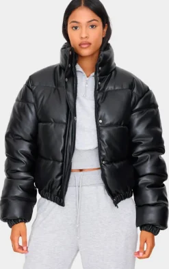 PrettyLittleThing Puffer Jackets*Tall Faux Leather Elastic Hem Bubble Puffer