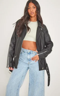PrettyLittleThing Faux Leather Jackets*Tall Faux Leather Longline Belted Biker Jacket