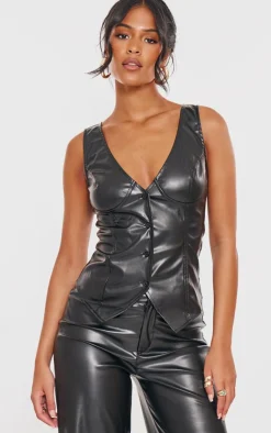 Clearance PrettyLittleThing Tall Faux Leather Plunge Vest Black