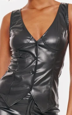 Clearance PrettyLittleThing Tall Faux Leather Plunge Vest Black