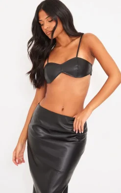 Online PrettyLittleThing Tall Faux Leather Strappy Bralet Black
