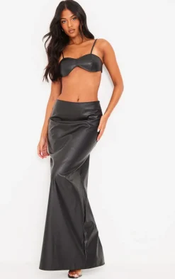 Online PrettyLittleThing Tall Faux Leather Strappy Bralet Black