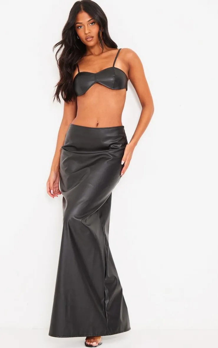 Online PrettyLittleThing Tall Faux Leather Strappy Bralet Black