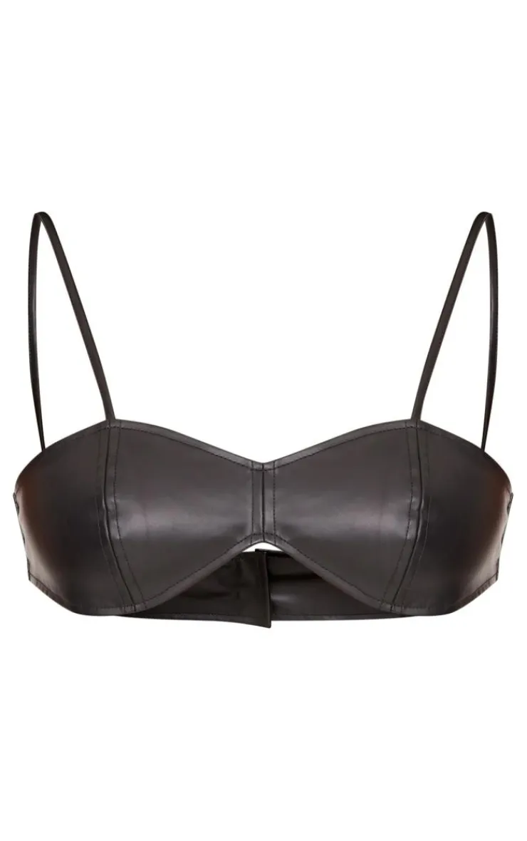 Online PrettyLittleThing Tall Faux Leather Strappy Bralet Black
