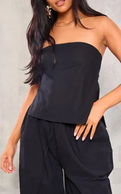 New PrettyLittleThing Tall Faux Linen Asymmetric Bandeau Top Black