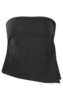 New PrettyLittleThing Tall Faux Linen Asymmetric Bandeau Top Black