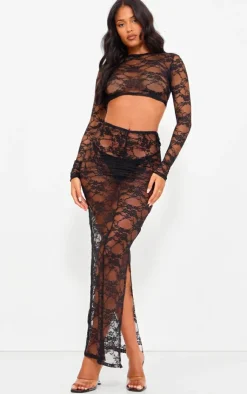 Outlet PrettyLittleThing Tall Floral Lace Ruched Maxi Skirt Black