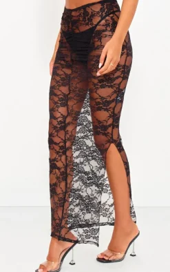Outlet PrettyLittleThing Tall Floral Lace Ruched Maxi Skirt Black