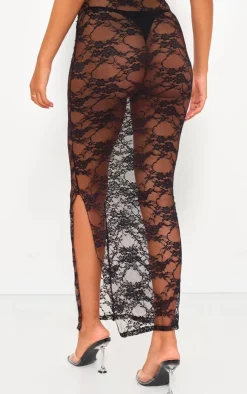 Outlet PrettyLittleThing Tall Floral Lace Ruched Maxi Skirt Black