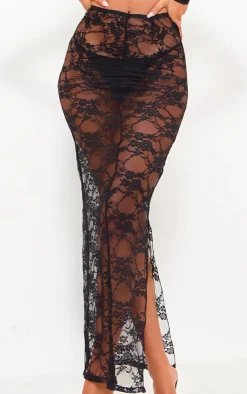 Outlet PrettyLittleThing Tall Floral Lace Ruched Maxi Skirt Black