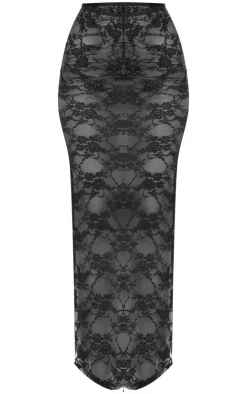 Outlet PrettyLittleThing Tall Floral Lace Ruched Maxi Skirt Black
