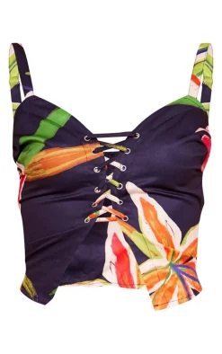 Online PrettyLittleThing Tall Floral Print Lace Up Crop Top Black