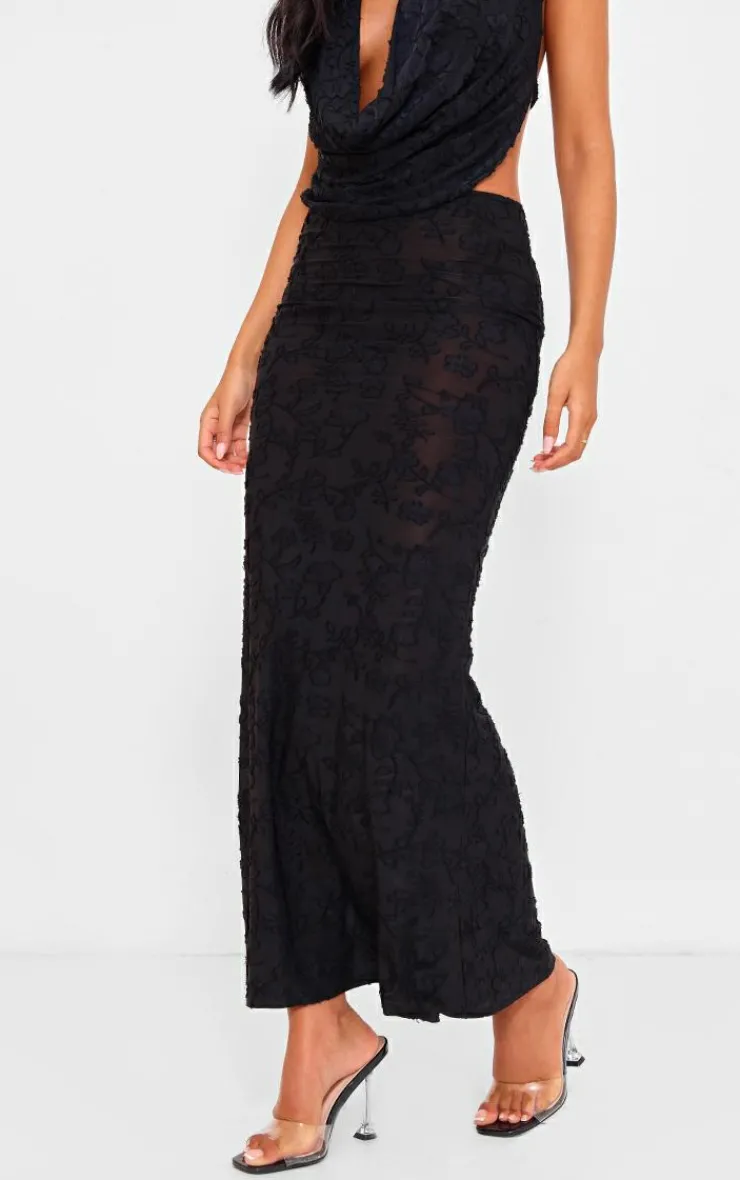 Best PrettyLittleThing Tall Floral Sheer Burnout Low Rise Maxi Skirt Black