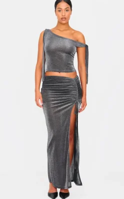 Outlet PrettyLittleThing Tall Glitter Ruched Split Midaxi Skirt Black
