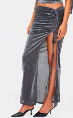 Outlet PrettyLittleThing Tall Glitter Ruched Split Midaxi Skirt Black
